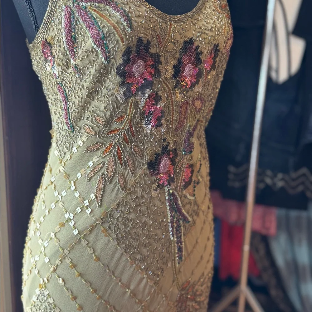 Olive Green Beaded Floral Maxi Dress - Picture 4 of 6